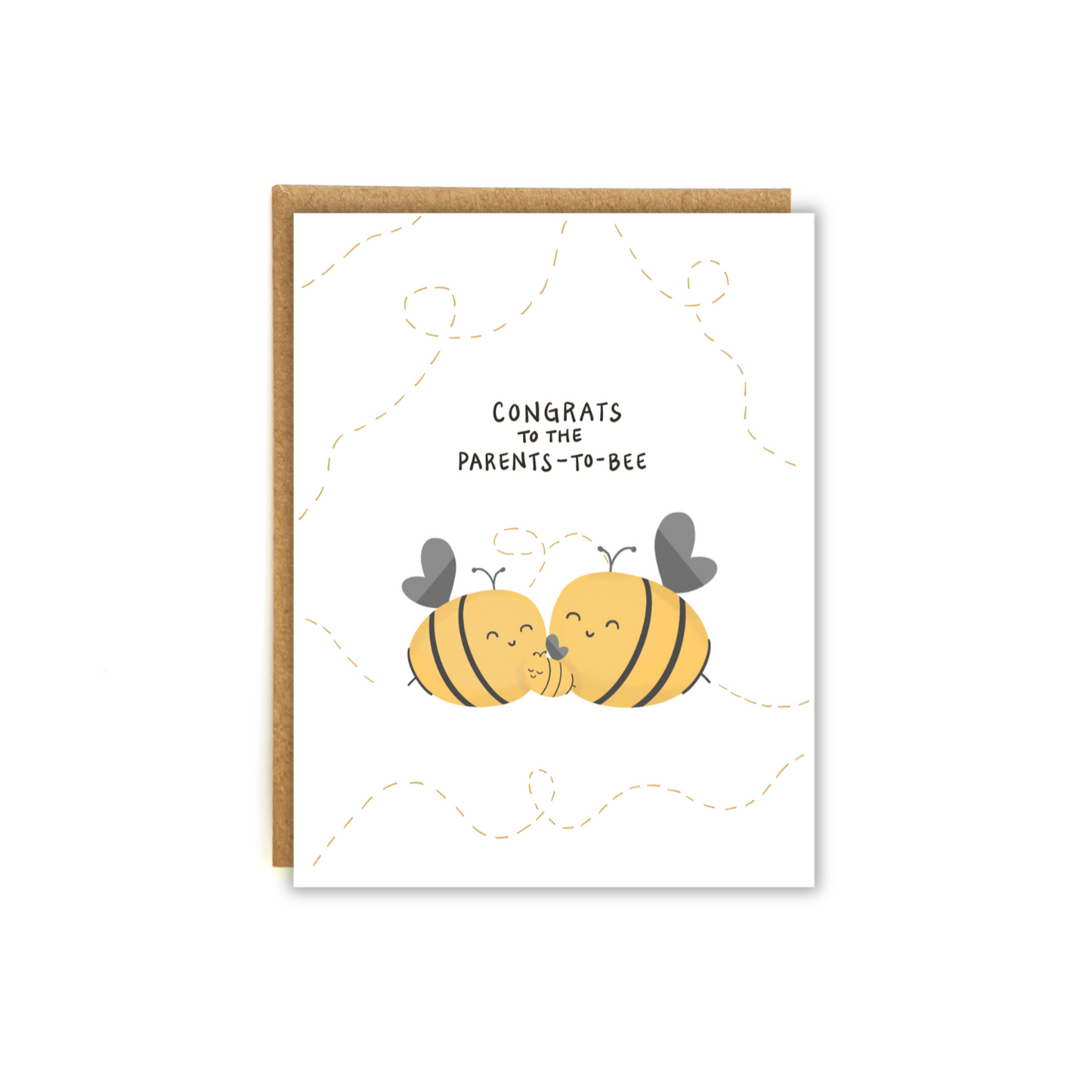 Two parent bumblebees holding their baby bee. Writing says "Congrats to the parents-to-bee"