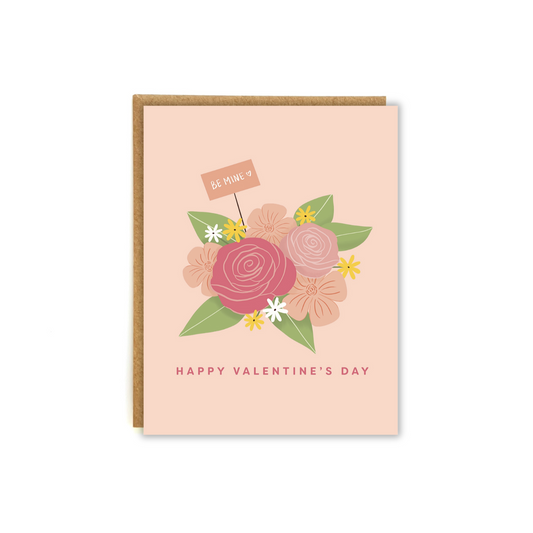 pink card with an illustration of a flower bouquet with the phrase "happy Valentine's Day"