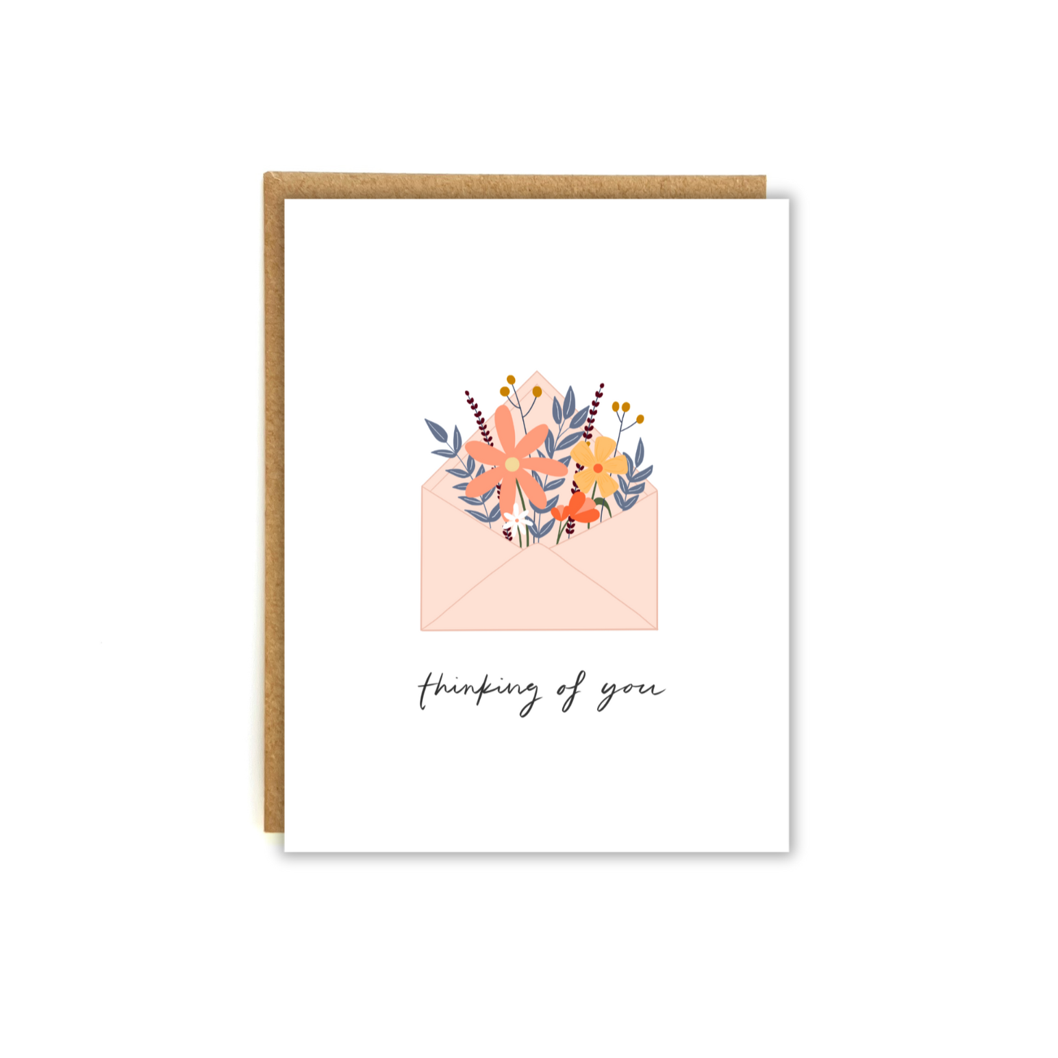 Card featuring an illustration of an envelope overflowing with flowers, with text below "thinking of you"